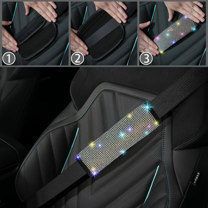 Set of 8 Sparkly Car Additions for Women, Including a Glittery Steering Wheel Cover, Shiny Car Coasters, Belt Shoulder Pads, Ring Emblem Sticker, And Gear Shift Cover