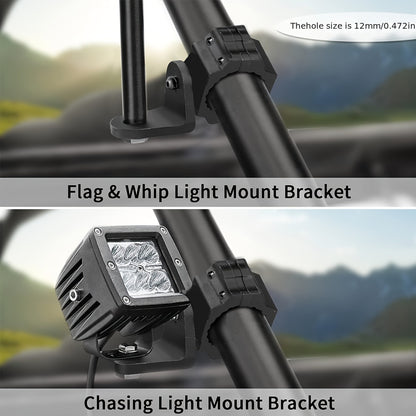 2pcs UTV Whip Light Mount & Light Bar Bracket - Heavy Duty 1.75"- 2" Roll Cage Clamp with 360° Rotation, Aluminum Flag/Off-Road Light Mount for Polaris RZR, Jeep