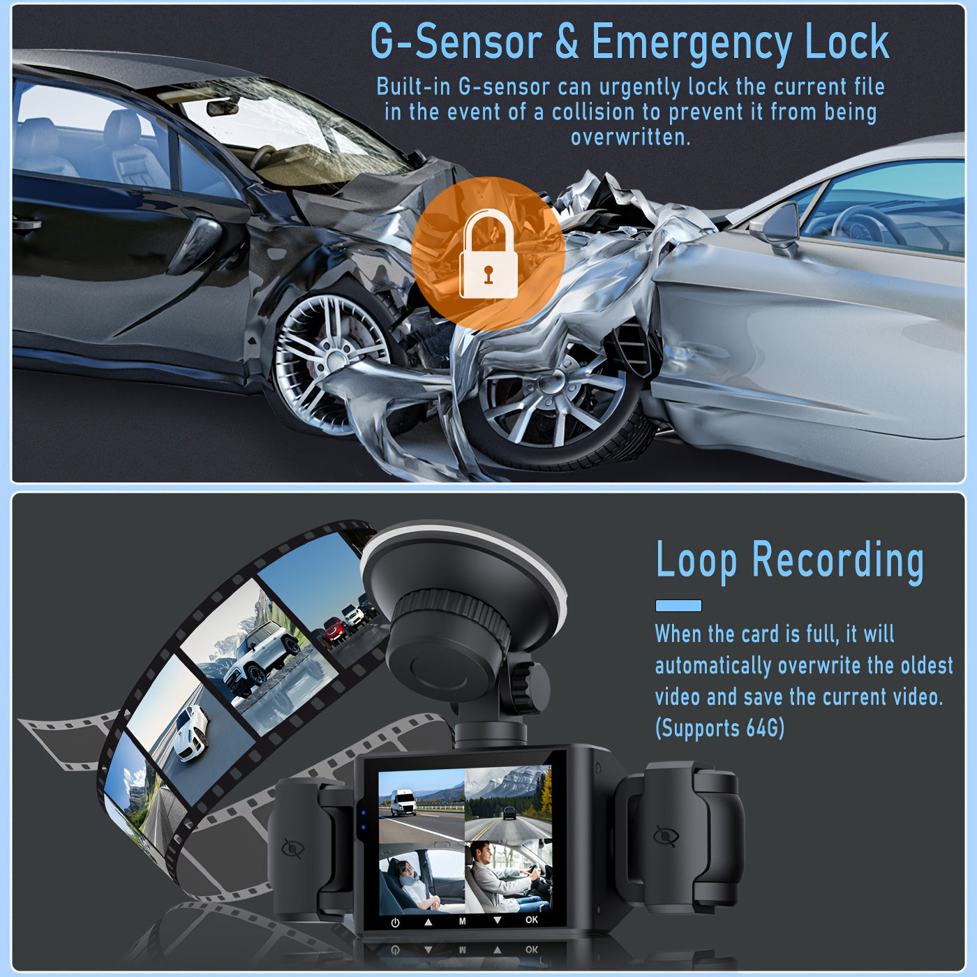 BCUOZ 360° Panoramic 3/4-Channel 1080P Full HD Ultimate Safety Dash Cam Set, 1080P Front + 720P Rear/Left/Right All-Round Coverage, 2.4" Quad-Screen Split Display, Super Night Vision, WDR, G-Sensor, Loop Recording - Auto Parts/ Car Dashboard Camera/