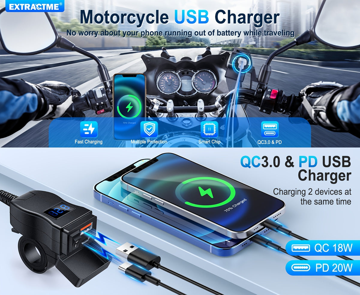 Motorcycle USB Charger Dual Port USB-C PD 20W + QC 3.0 18W Fast Charging with LED Voltmeter ON/OFF Switch SAE Connector 12-24V for Phone Tablet GPS