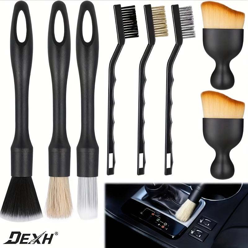 Set of 8 Car Detailing Brushes, Including Tools for Cleaning The Interior, Wheels, Air Vents, And Engine Areas, Featuring 3 Detailing Brushes, 3 Wire Brushes, And 2 Soft Brushes