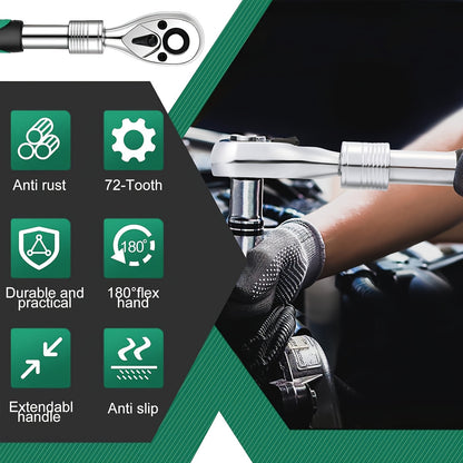 3-Piece Extendable Ratchet Set, 1/4 3/8 1/2 Inch Extendable Socket Wrench, Ratchet Wrenches Set 72-Tooth Quick-Release, Soft Grip Handle, Release Reversible Gear Torque Spanner Mechanical Tools