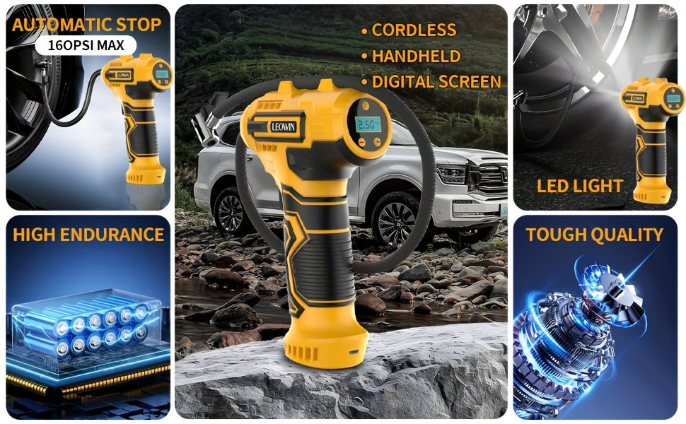 Cordless Tire Inflator 150 PSI – Auto-Shutoff, Digital Pressure Gauge, LED Light, Rechargeable Handheld Air Pump for Car, Motorcycle & Bike