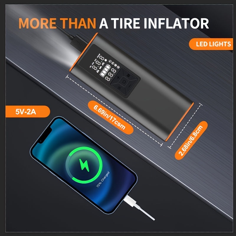 Portable Tire Inflator Air Compressor 150PSI – 6000mAh Rechargeable, USB-C, Dual Screen, Auto Shutoff, LED Light, 4 Modes for Car, Motorcycle, Bike & Ball