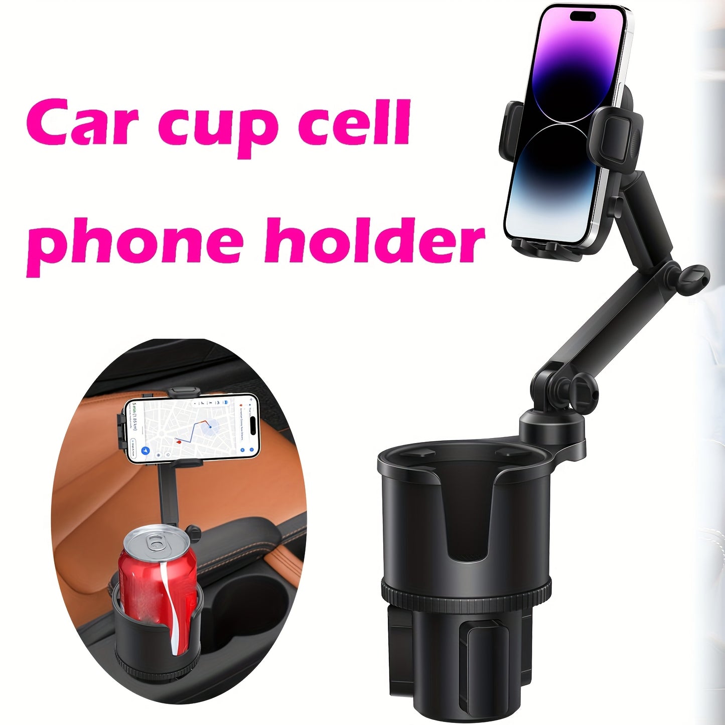 1 In-car 2-in-1 Holder, Versatile Portable Swivelable Car Phone Cup Holder for Cars, SUVs, Trucks, with Shock Trim, Black Car Cup Holder Extender