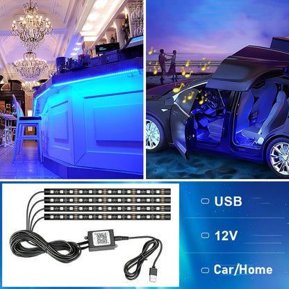 [Music Sync LED Car Lights] GY 4pcs USB-Powered LED Car Interior Lighting Kit | Colorful Underfoot Lights with Music Sync for Enhanced Ambiance, Without Battery