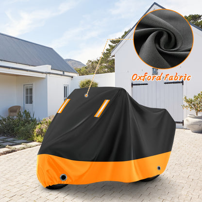 Motorcycle Cover, 210D, All-Weather Outdoor UV And Dust Protection, Protects Paintwork with Reflective Strips, Suitable for Harley-Davidson, for HONDA, And for SUZUKI (Black And Orange)