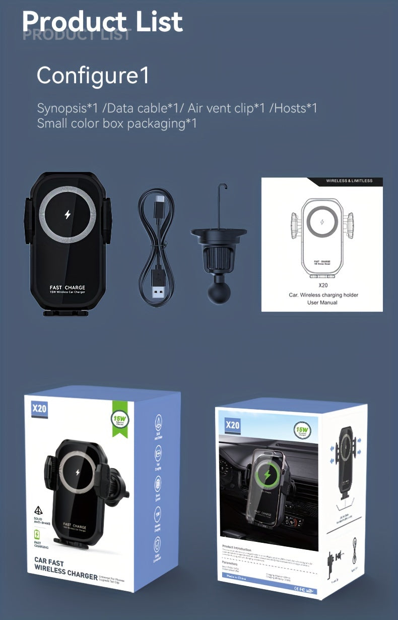 Fast Charging Wireless Car Charger with Auto-Clamping Mount, Compatible with Iphone 16/15/14/13/13 Pro/12 Pro Max/12 Pro/12/11/10 Series And Samsung Galaxy Series, Offering 15W/10W/7.5W Charging Through Air Vent
