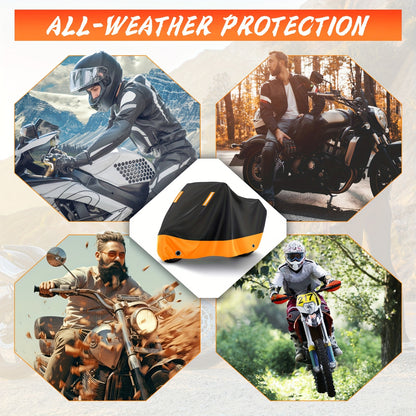 Motorcycle Cover, 210D, All-Weather Outdoor UV And Dust Protection, Protects Paintwork with Reflective Strips, Suitable for Harley-Davidson, for HONDA, And for SUZUKI (Black And Orange)