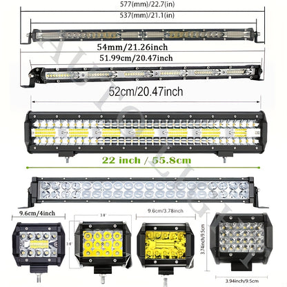 Various Combinations of 4"-21" [Long Strip Lights And Short LED Work Lights] for You to Choose from - Offroad for Jeep Truck Car, Without Battery