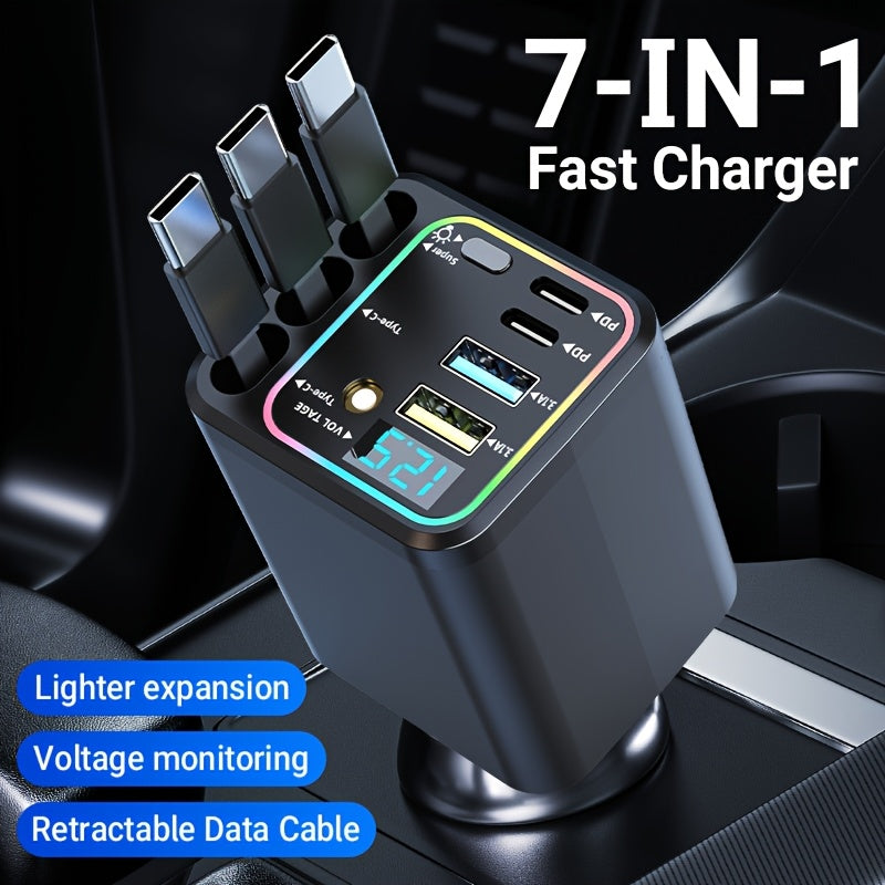 7-in-1 Car Fast Charging Mobile Phone Charger | Upgraded Color Light, 3 Extendable Cables, Fast Charging Interface, 180° Free Adjustment Angle, LED Intelligent Digital Display Screen, USB Connector, Universally Applicable, Without Battery