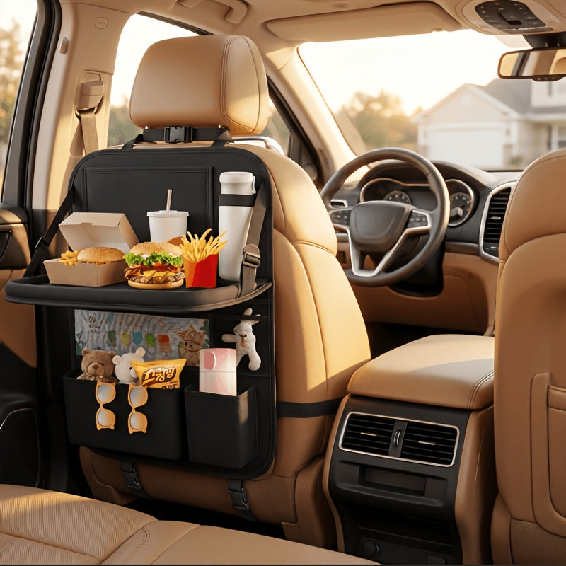Car Backseat Organizer with Tablet Holder, 6 Storage Pockets Car Storage Organizer with Foldable Food Tray, Protectors Kick Mats Travel Accessories-Black