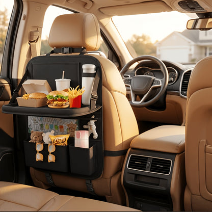 Car Backseat Organizer with Tablet Holder, 6 Storage Pockets Car Storage Organizer with Foldable Food Tray, Protectors Kick Mats Travel Accessories-Black