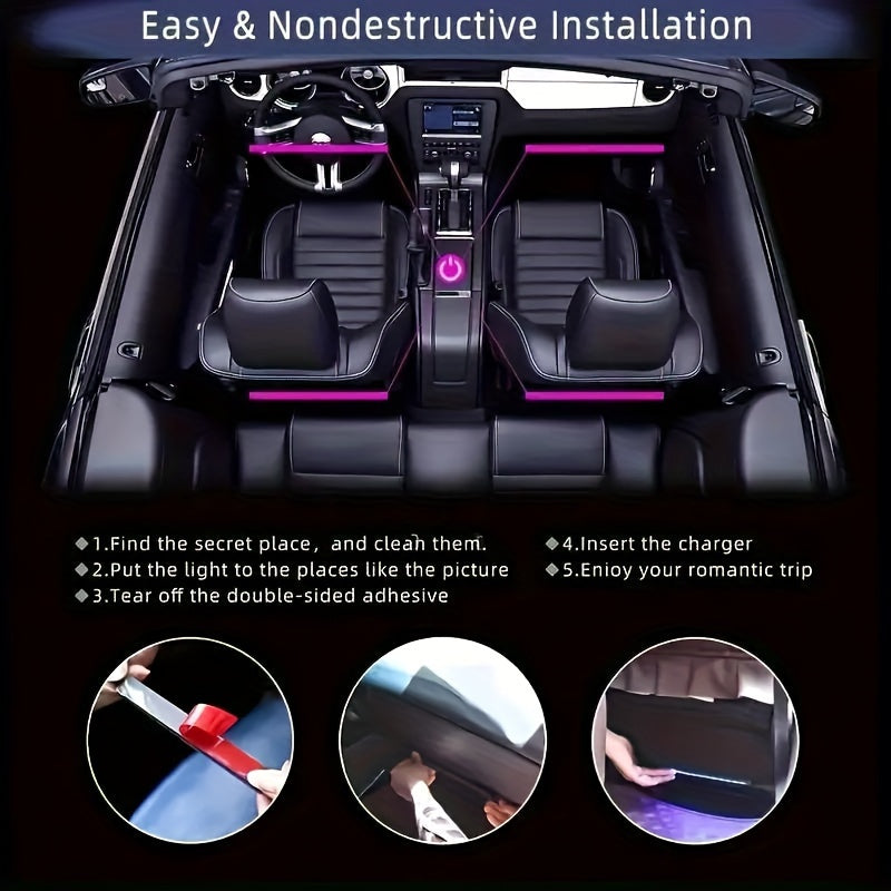 48-LED RGB Car Interior Ambient Light, Supports App Control/Usb/Car Plug, Compatible, LED Color Light Strips, Under-Seat Lighting Kit for All Car Models, Without Battery