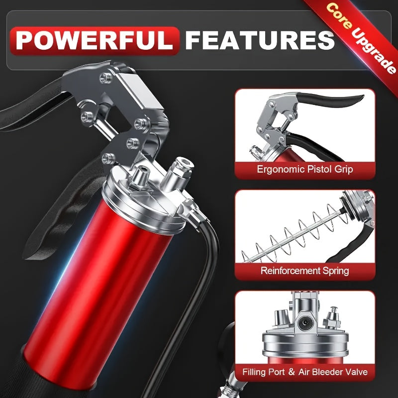 Grease Gun Kit 8000 PSI Heavy Duty Pistol Grip Grease Gun with Quick Locking Coupler Spring Flex Hose 14oz Load 2 Standard Hose Reinforced Coupler Rigid Pipe Sharp Nozzle