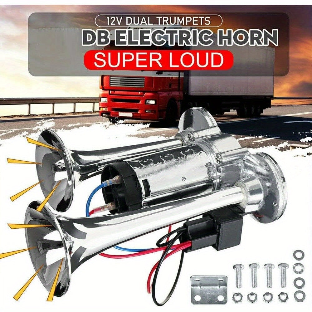 Dual Trumpet Electric Air Horn 110dB 12V Chrome for Car Truck Boat SUV Motorcycle – Loud Horn Kit with Compressor & Mounting Hardware