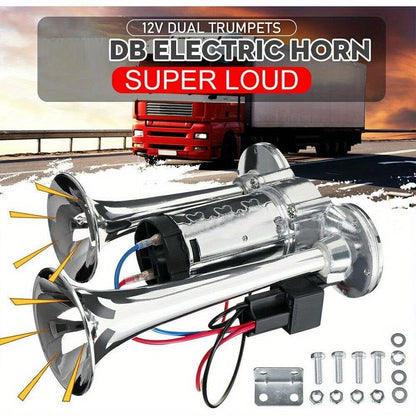 Dual Trumpet Electric Air Horn 110dB 12V Chrome for Car Truck Boat SUV Motorcycle – Loud Horn Kit with Compressor & Mounting Hardware