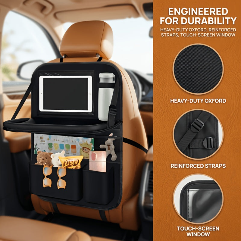 Car Backseat Organizer with Tablet Holder, 6 Storage Pockets Car Storage Organizer with Foldable Food Tray, Protectors Kick Mats Travel Accessories-Black