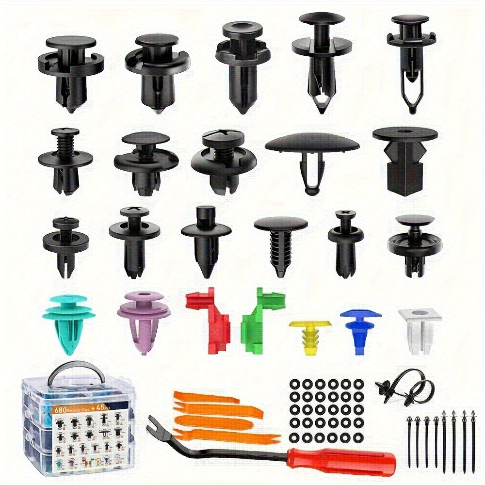 Automotive Fastener Clip Kit 680 Rivets 45-Piece Tool Set 23 Types Car Bumper Fender Trim Clips Universal Fit Ford GM Toyota Honda BMW Nissan