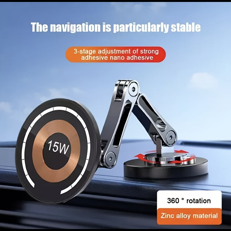 Magnetic Car Mount with 15W Fast Charging, 360° Rotation, Universal Compatibility, Foldable Stand, and Super Magnetic Attraction for Most Smartphones, Without Battery