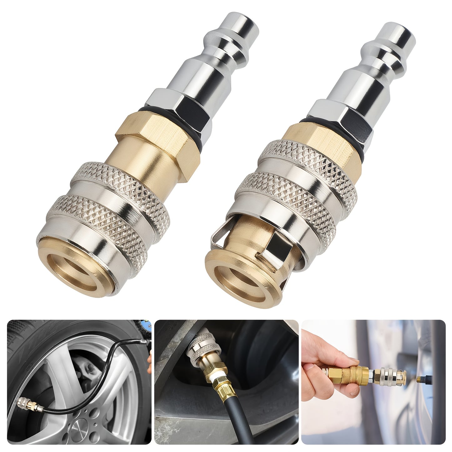 Two Brass Tire Valves with a Closed-End Design, Featuring a 1/4 Inch Female Thread And a Quick-Connect Mechanism, Capable of Handling a Maximum Pressure of 250 PSI. They Are Made from a Durable Alloy And Are Compatible with Cars, Trucks, Bicycles