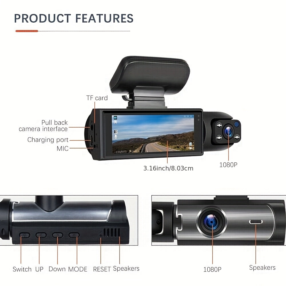 CAMECHO 1080P Dual Camera, Dash Cam For Cars, Front And Inside, Car Camera With IR Night Vision, Loop Recording, Wide Angle Car DVR Camera Optional 3.16 Inch/2inch, Dual Lens Car Dashboard Video Cam.optional No Card/32gb/64gb Memory Card
