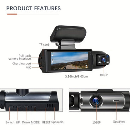 CAMECHO 1080P Dual Camera, Dash Cam For Cars, Front And Inside, Car Camera With IR Night Vision, Loop Recording, Wide Angle Car DVR Camera Optional 3.16 Inch/2inch, Dual Lens Car Dashboard Video Cam.optional No Card/32gb/64gb Memory Card