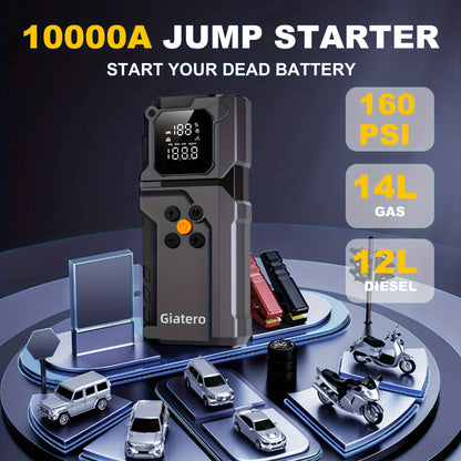 Jump Starter with Air Compressor 10000A 160PSI, 8000mAh Portable Battery Pack for Gas 3.7G & Diesel 3.17G, USB-C QC3.0, 3-Mode Flashlight, Large Display — Giatero Q27