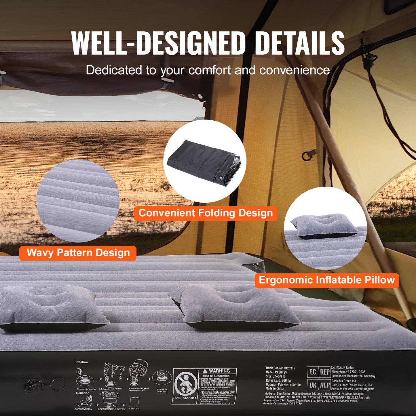 VEVOR Truck Bed Air Mattress 5.5-5.8 ft Full-Size Short Bed Inflatable with Pump