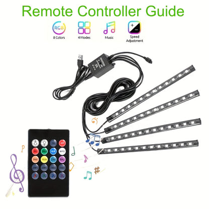 [RGB Decorative Lights] USB DC 5V 48Leds Car Interior Lighting Flexible Neon LED Ambient Light Backlight Music Control RGB Decorative Atmosphere Lights, Without Battery