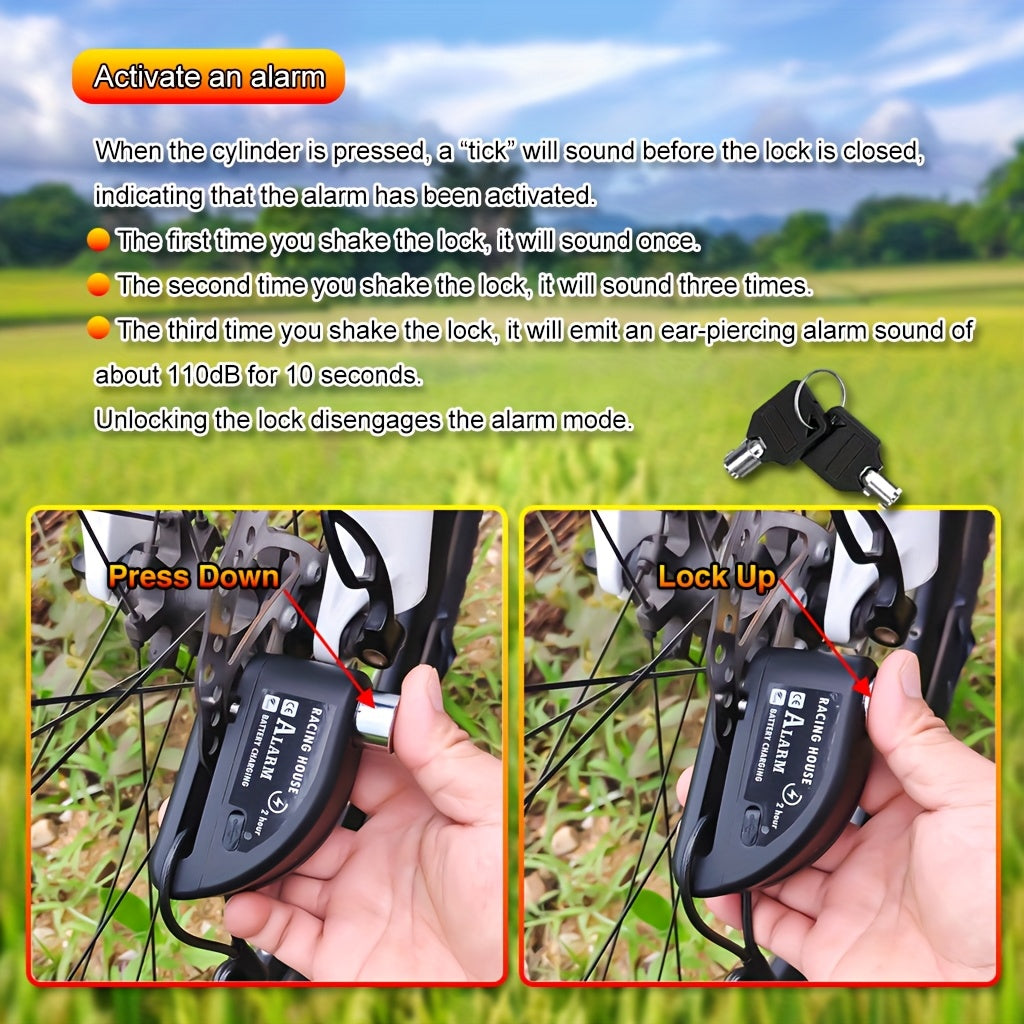 Motorbike Security Lock with a Disc Brake Mechanism, Featuring a 120Db Alarm System, a 500Mah Rechargeable Battery, And Includes a USB Charging Cable And Reminder Rope