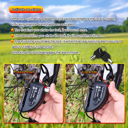 Motorbike Security Lock with a Disc Brake Mechanism, Featuring a 120Db Alarm System, a 500Mah Rechargeable Battery, And Includes a USB Charging Cable And Reminder Rope