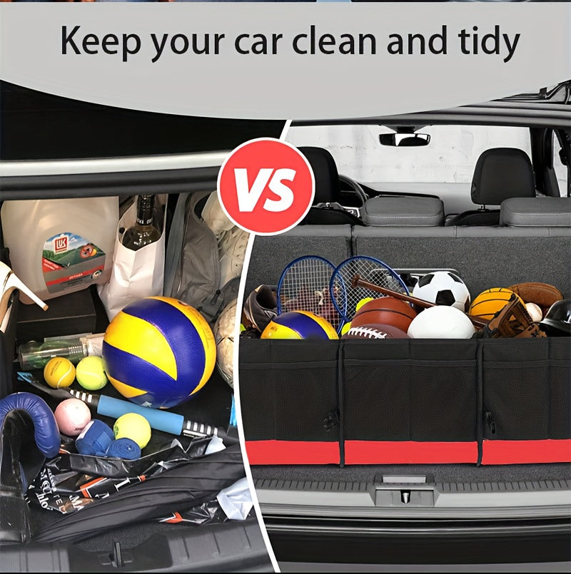 Foldable 25.1gal Car Trunk Organizer | Multi-Compartment Storage with 4 Compartments and 2 Retractable Straps, Ideal for Travel, Camping, Shopping, Fits SUVs, Trucks, Minivans