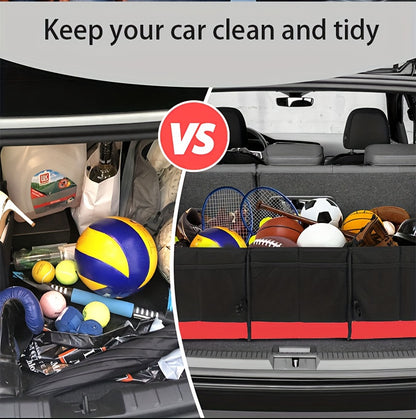 Foldable 25.1gal Car Trunk Organizer | Multi-Compartment Storage with 4 Compartments and 2 Retractable Straps, Ideal for Travel, Camping, Shopping, Fits SUVs, Trucks, Minivans
