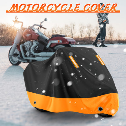 Motorcycle Cover, 210D, All-Weather Outdoor UV And Dust Protection, Protects Paintwork with Reflective Strips, Suitable for Harley-Davidson, for HONDA, And for SUZUKI (Black And Orange)