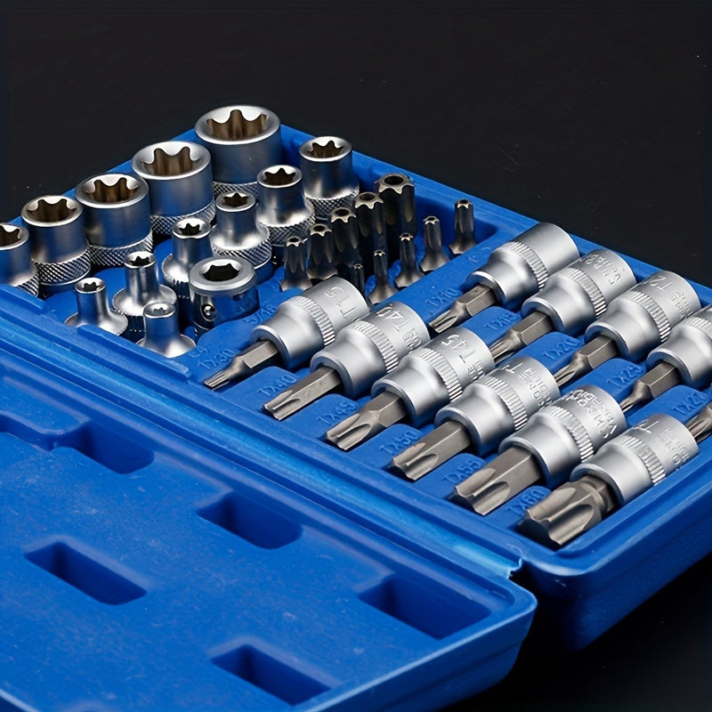 Set of 34 Torx Bit Sockets And E-Torx Sockets for 1/4", 3/8", And 1/2" Drives, Including Both Male And Female E-Torx Security Bits, Designed for Handheld Use