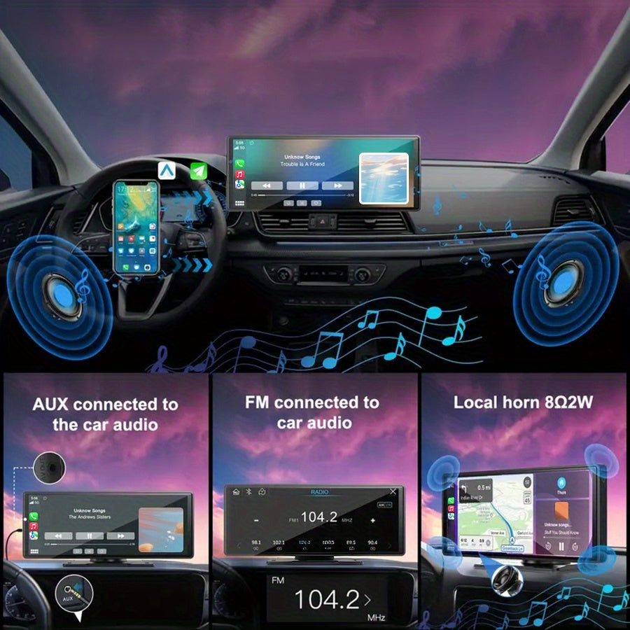 Introducing The Latest 10.26-Inch Wireless Car Display, Equipped with Integrated Car Audio, a Touchscreen Interface, a 720P HD Backup Camera, a Dashcam, Wireless Connectivity, GPS Navigation