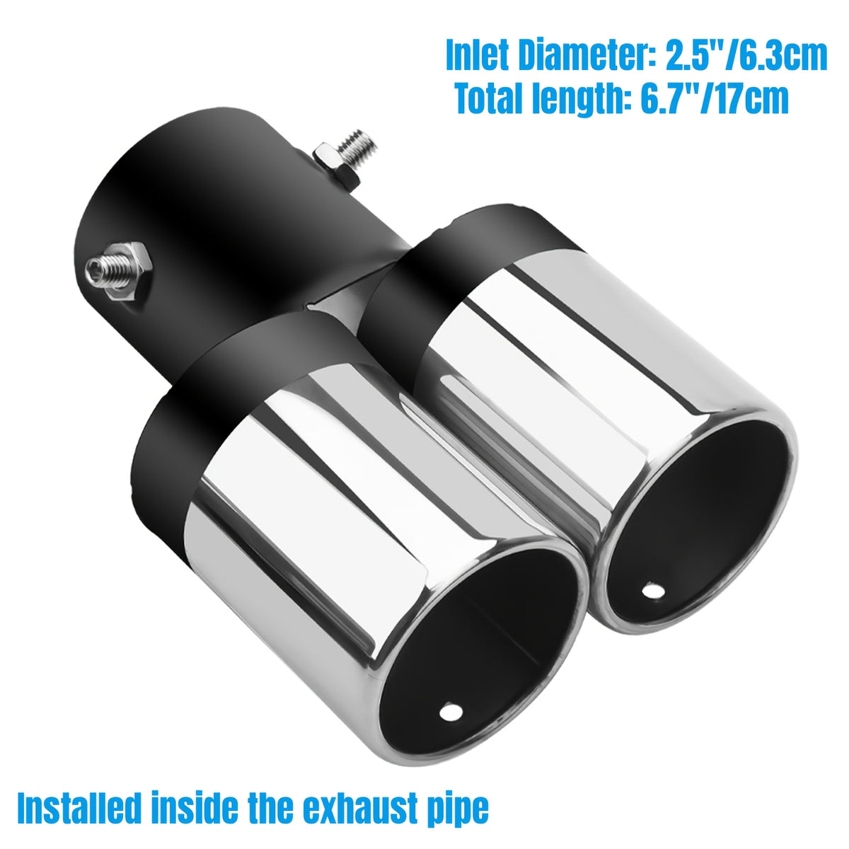 Dual Exhaust Tip Stainless Steel 2.5" Inlet – Double Outlet Curved Bolt-On Muffler Tail Tip, Bevel Port, Black & Blue