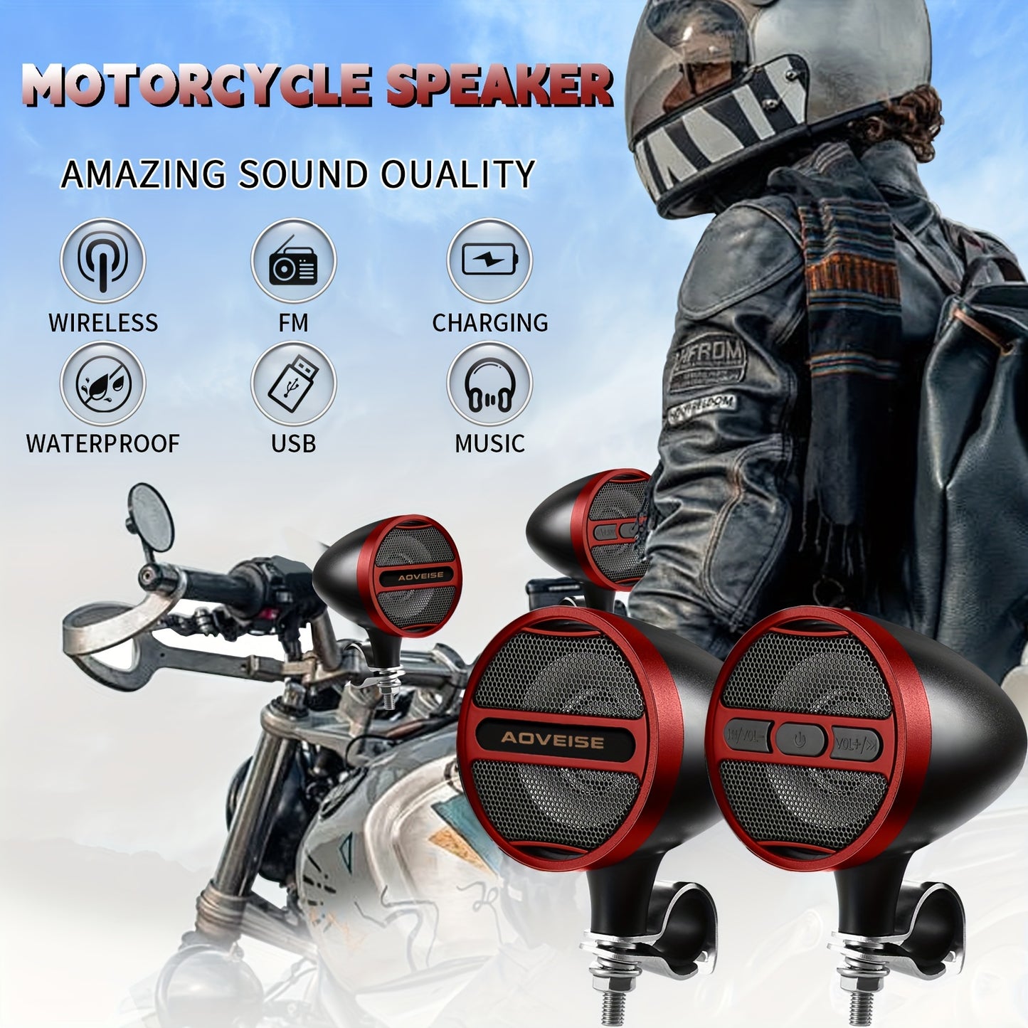 KORBROS Motorcycle Stereo Sound System with Built-In Amplifier, MP3 & USB - 12V Speakers for ATVs, Handlebar Mount