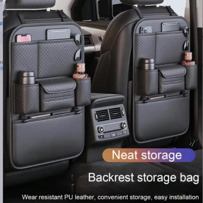 1pc High Quality Black Car Seat Back Organizer - Large Capacity PU Leather Storage Bag for Water Bottles, Tablets, Laptops And Accessories, Stylish Multi Compartment Backseat Organizer for Easy Car Storage