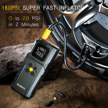 Jump Starter with Air Compressor 10000A 160PSI, 8000mAh Portable Battery Pack for Gas 3.7G & Diesel 3.17G, USB-C QC3.0, 3-Mode Flashlight, Large Display — Giatero Q27