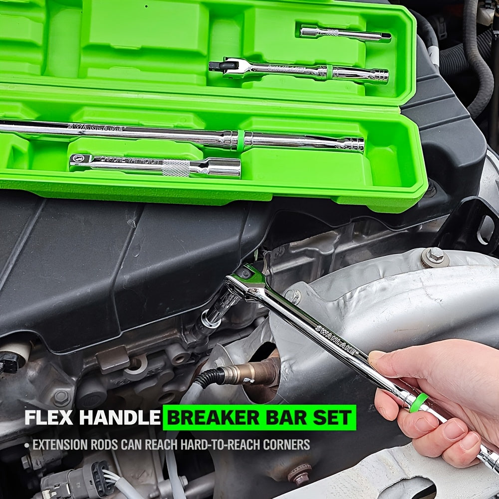 [Heavy Duty Breaker Bars] 6pcs Breaker Bar Set, 1/4", 3/8" & 1/2" Drive, Heavy Duty Breaker Bars, 6-inch, 10-inch, 15-inch Length with 180° Rotatable Head, Chromium Vanadium Steel