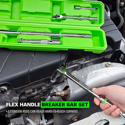 [Heavy Duty Breaker Bars] 6pcs Breaker Bar Set, 1/4", 3/8" & 1/2" Drive, Heavy Duty Breaker Bars, 6-inch, 10-inch, 15-inch Length with 180° Rotatable Head, Chromium Vanadium Steel