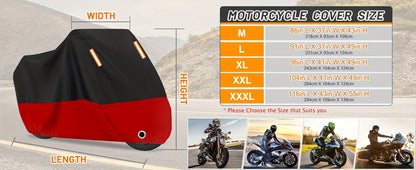Motorcycle Cover, 210D Oxford Cloth All Weather Outdoor Wind And Sun Protection with Reflective Stripes for Harley Davidson for HONDA for SUZUKI Kawasaki Yamaha (Black And Red)