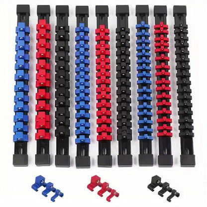 [Heavy Duty, Socket Organizer] HORUSDY 9pcs Heavy Duty ABS Socket Organizer | 1/2 inch, 3/8 inch & 1/4 inch Drive Socket Rail Holders with Red Blue Black Clips - Includes 9 Extra Clips