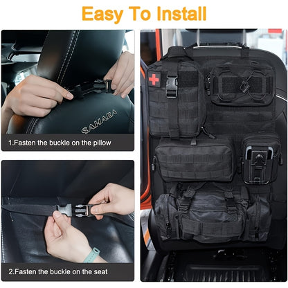6pcs Set - Heavy-Duty MOLLE Tactical Car Seat Organizer Pouch with Adjustable Fasteners and Thickened Back Panel - Suitable for Jeeps, Trucks, SUVs - Premium Vehicle Storage System, Durable Nylon Bag for Gear, First Aid, and Tools - Car Trunk Lid