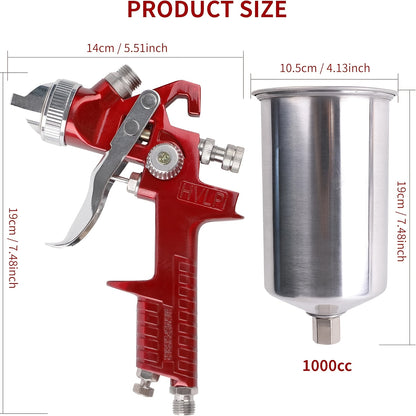 Set of High-Efficiency HVLP Gravity Feed Spray Guns Featuring 1.4, 1.7, And 2.0MM Nozzles, Complete with a 1000Cc Aluminum Cup, Suitable for Automotive Painting, Wall Applications, Base Layers, Clear Coats, And Touch-Ups (In Red)