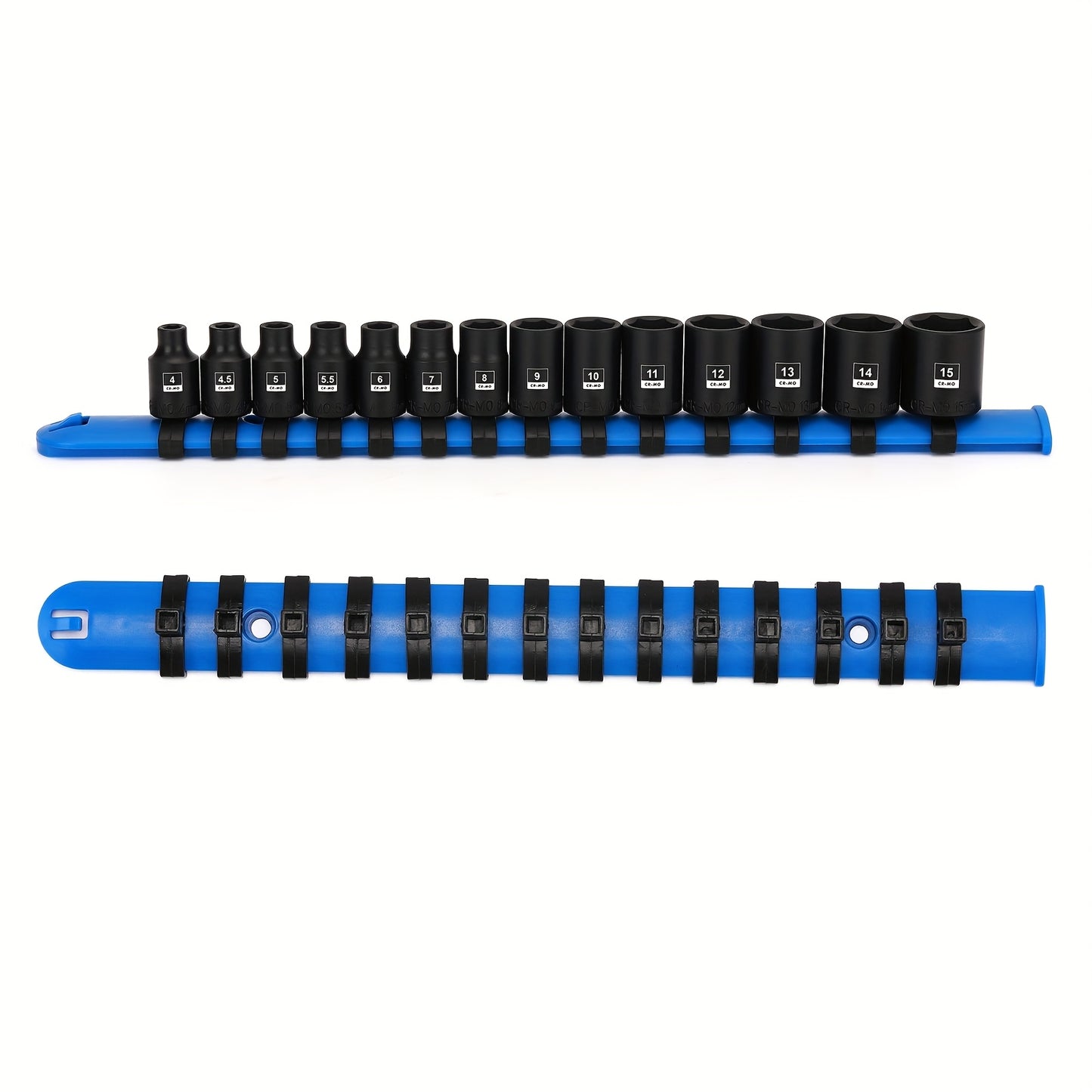 13pcs 3/8" Drive Magnetic Impact Socket Set, 6 Point, CR-MO, Deep, Metric, 7Mm, 8Mm, 9Mm, 10Mm, 11Mm, 12Mm, 13Mm, 14Mm, 15Mm, 16Mm, 17Mm, 18Mm, 19Mm, with Storage Rails, Connect The Impact Tool to Use, Tight Connection
