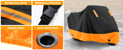 Motorcycle Cover, 210D, All-Weather Outdoor UV And Dust Protection, Protects Paintwork with Reflective Strips, Suitable for Harley-Davidson, for HONDA, And for SUZUKI (Black And Orange)