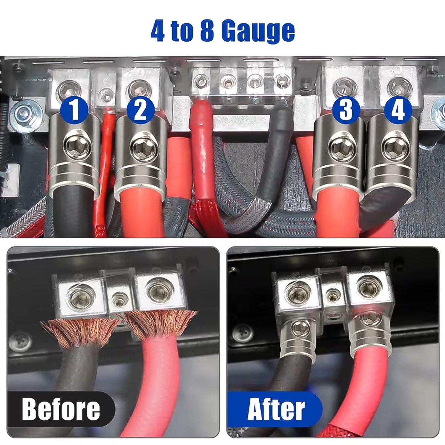 4pcs Amp Input Reducer, 4 Gauge to 8 Gauge Car Audio Wire Terminal Blocks, Good Conductivity, High Hardness, for Car Auto